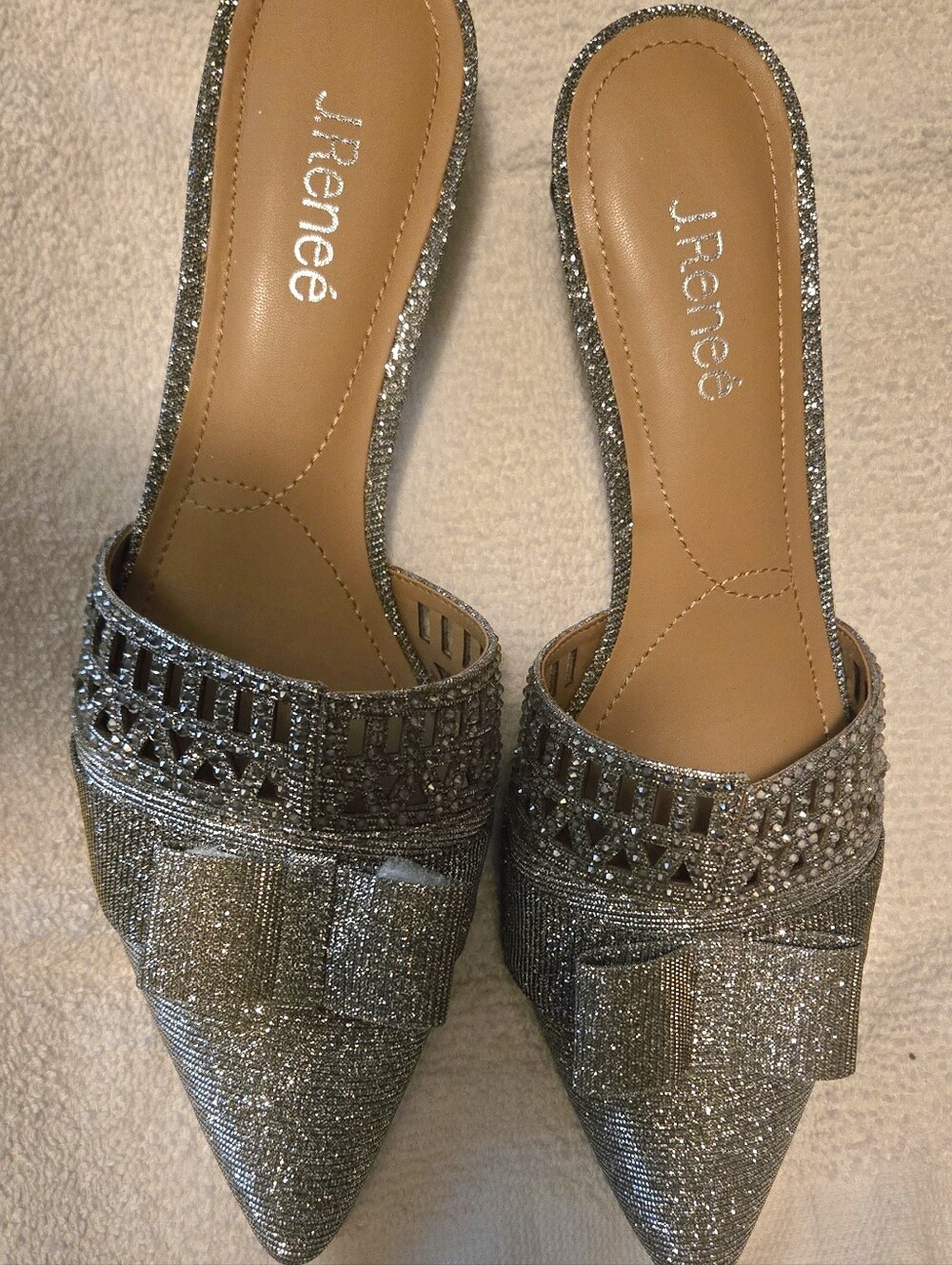 Silver Glitter Pointed Mule w Embellished Bow & Black Satin Dress Shoe